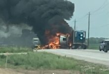 Heavy truck fire closes roads in both directions on SH 36 at Rybak north of Needville
